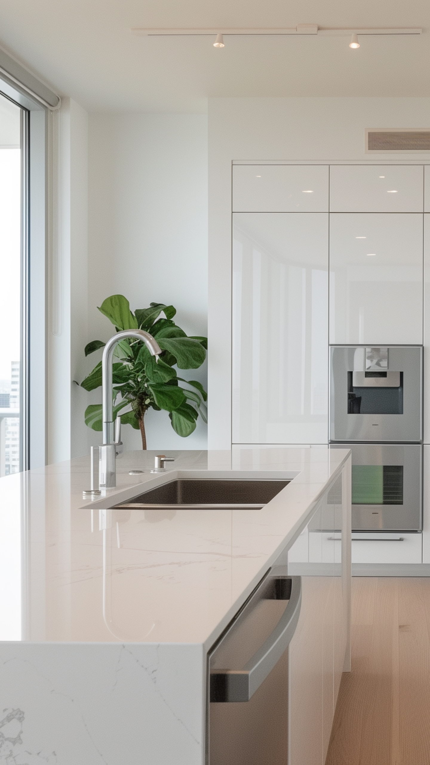Modern kitchen with a sleek, white countertop and stainless steel sink, featuring minimalistic cabinets and a built-in oven. A large window allows natural light, and a green potted plant adds a touch of nature.